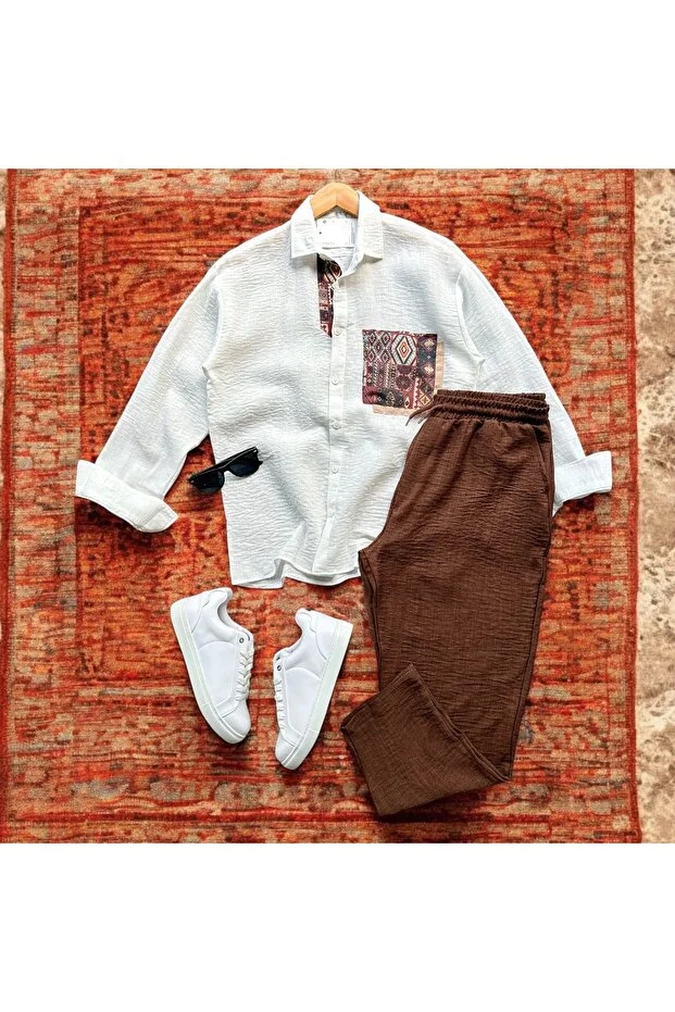 Oversize Cebi Nakışlı Keten Gömlek ve Pantolon Takım
